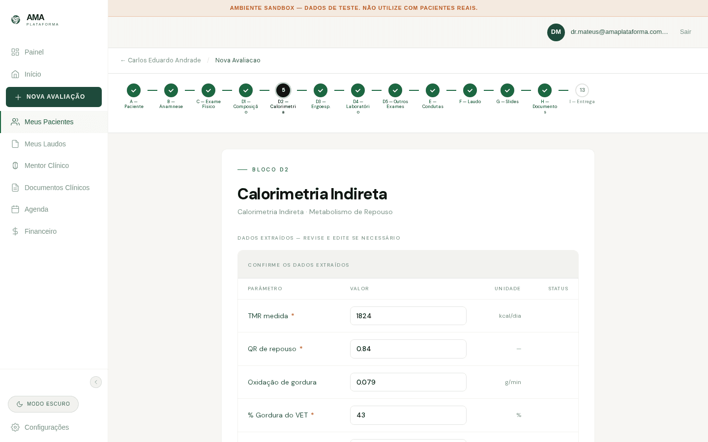 Plataforma AMA, módulo de Calorimetria Indireta em produção